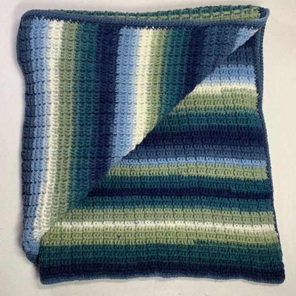 Crochet Afghan Blanket Throw | Hand Crafted | Variegated Blue Green | 45 x 39 - Picture 7 of 10